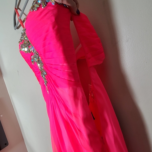 Strapless Jeweled Pink Prom Dress - Picture 3 of 17